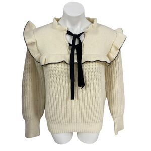 Sweater Womens Large Cable Knit Ruffle Preppy Cottage Peasant Feminine Cozy